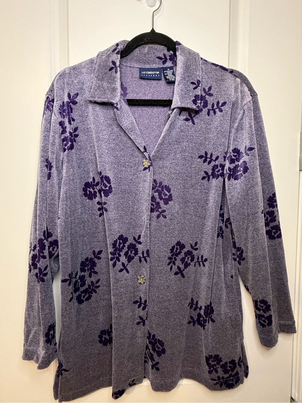 Liz Claiborne Purple Floral Velvet Button Up Vintage Cardigan Shirt